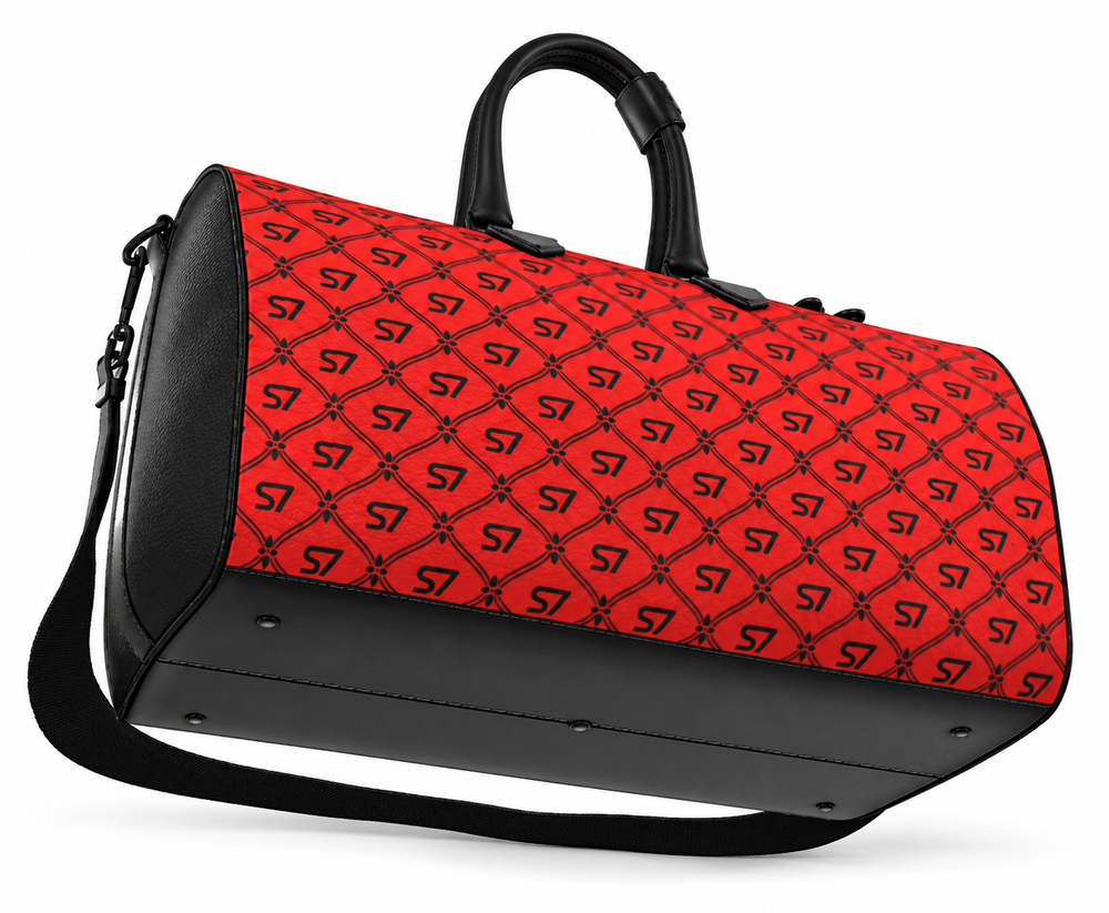 S7 Rosso Noir leather duffle bag featuring jet-black S7 monograms and a tight ornate diamond lattice on bright scarlet red with black handles.
