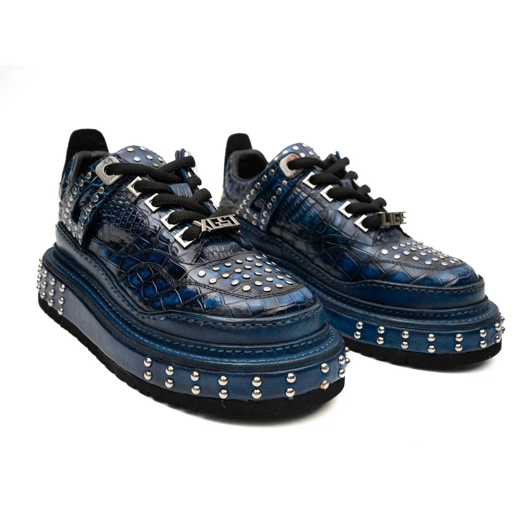 Blue Studded Crocodile Leather Sneakers