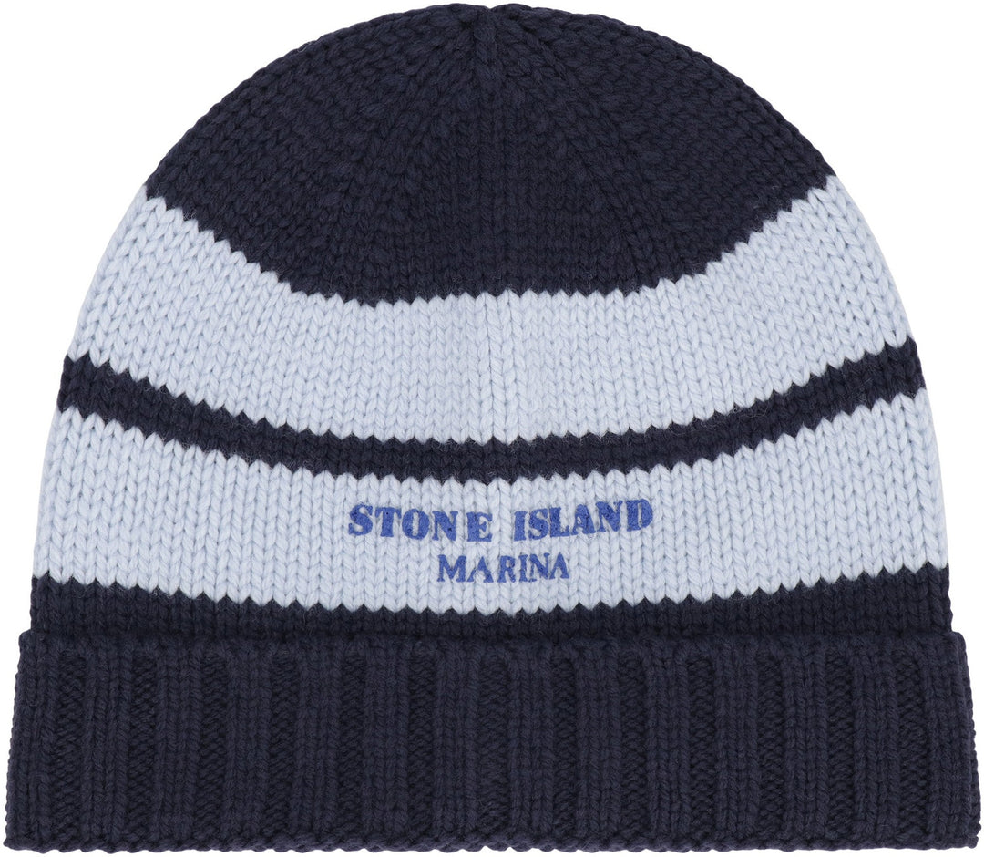 STONE ISLAND Wool Knit Hat with Contrast Stripes and Ribbed Cuff