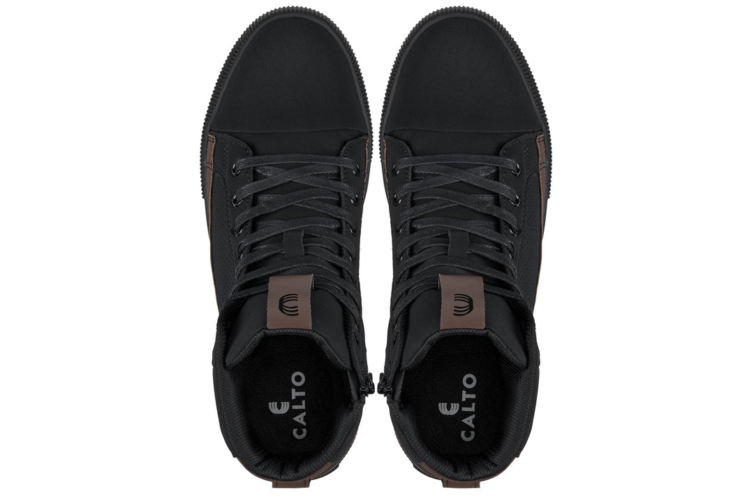CALTO - S3422 - 2.4 Inches Taller (Black/Coffee Brown) - Cap Toe High Top Zip-Up Sneaker Boots
