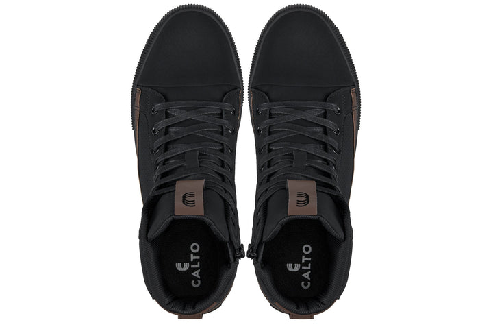 CALTO - S3422 - 2.4 Inches Taller (Black/Coffee Brown) - Cap Toe High Top Zip-Up Sneaker Boots