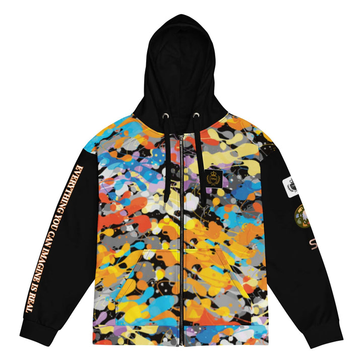 A black zip-up hoodie with a vibrant multicolor abstract paint splatter pattern across the chest and upper arms, featuring black sleeves with white text and patches.