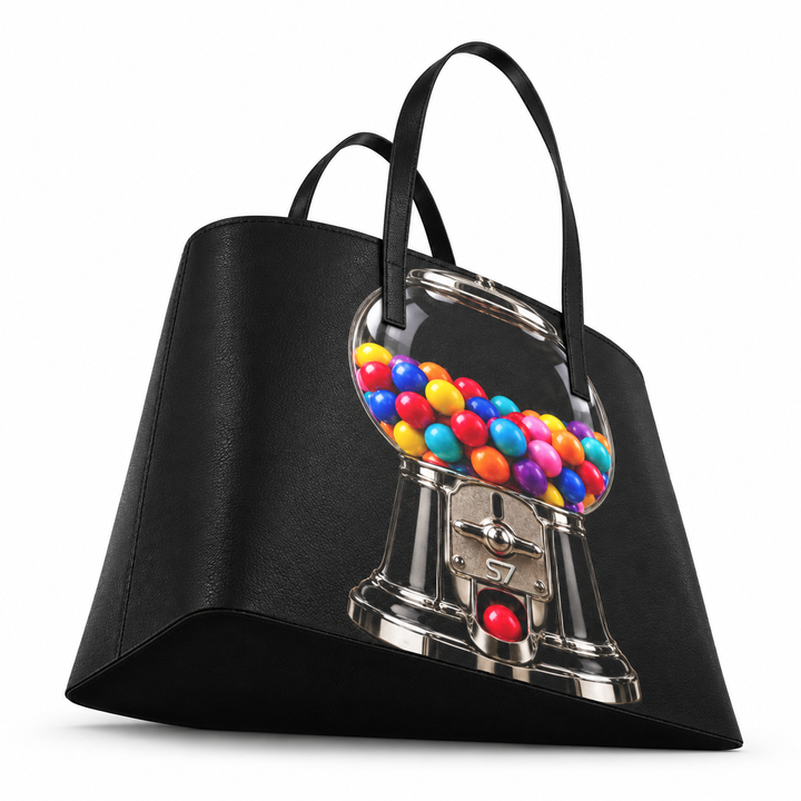 S7 Sweet Release black leather tote with colorful gumball machine artwork, printed chrome details and black handles.