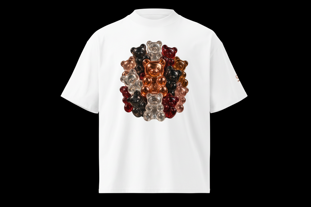 A white short-sleeve crewneck t-shirt featuring a large graphic print of stacked, glossy teddy bears in metallic rose gold, copper, bronze, black, and red on the chest. A small matching graphic is visible on the right sleeve.