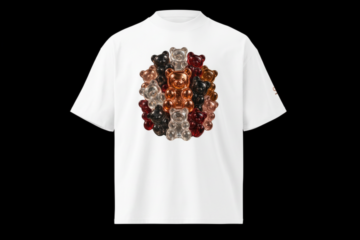 A white short-sleeve crewneck t-shirt featuring a large graphic print of stacked, glossy teddy bears in metallic rose gold, copper, bronze, black, and red on the chest. A small matching graphic is visible on the right sleeve.