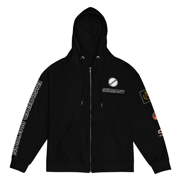 Black hoodie with various patches and text on a white background