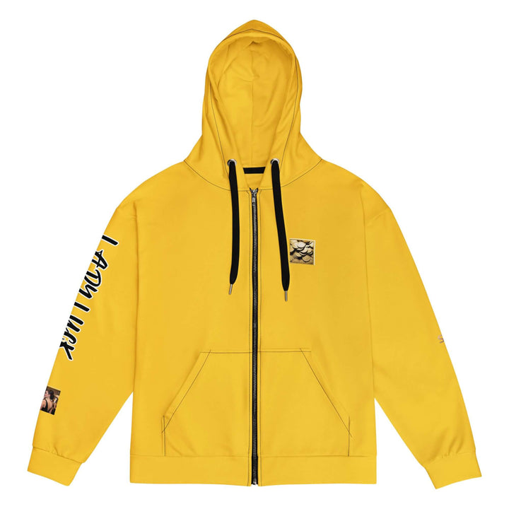 A bright yellow zip-up hoodie with black drawstrings, a black front zipper, a kangaroo pocket, and graphic prints on the sleeves, shown against a plain white background.
