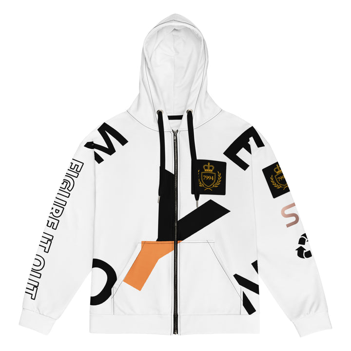 White hoodie with black and orange designs on a white background