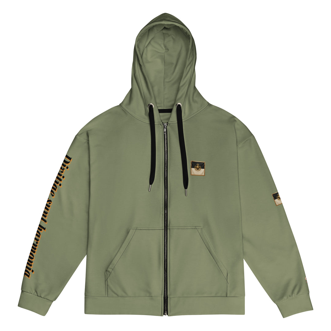 An olive green zip-up hoodie with black drawstrings, a black front zipper, a vertical black text graphic on the right sleeve, and a small graphic patch on the left chest, displayed against a solid white background.