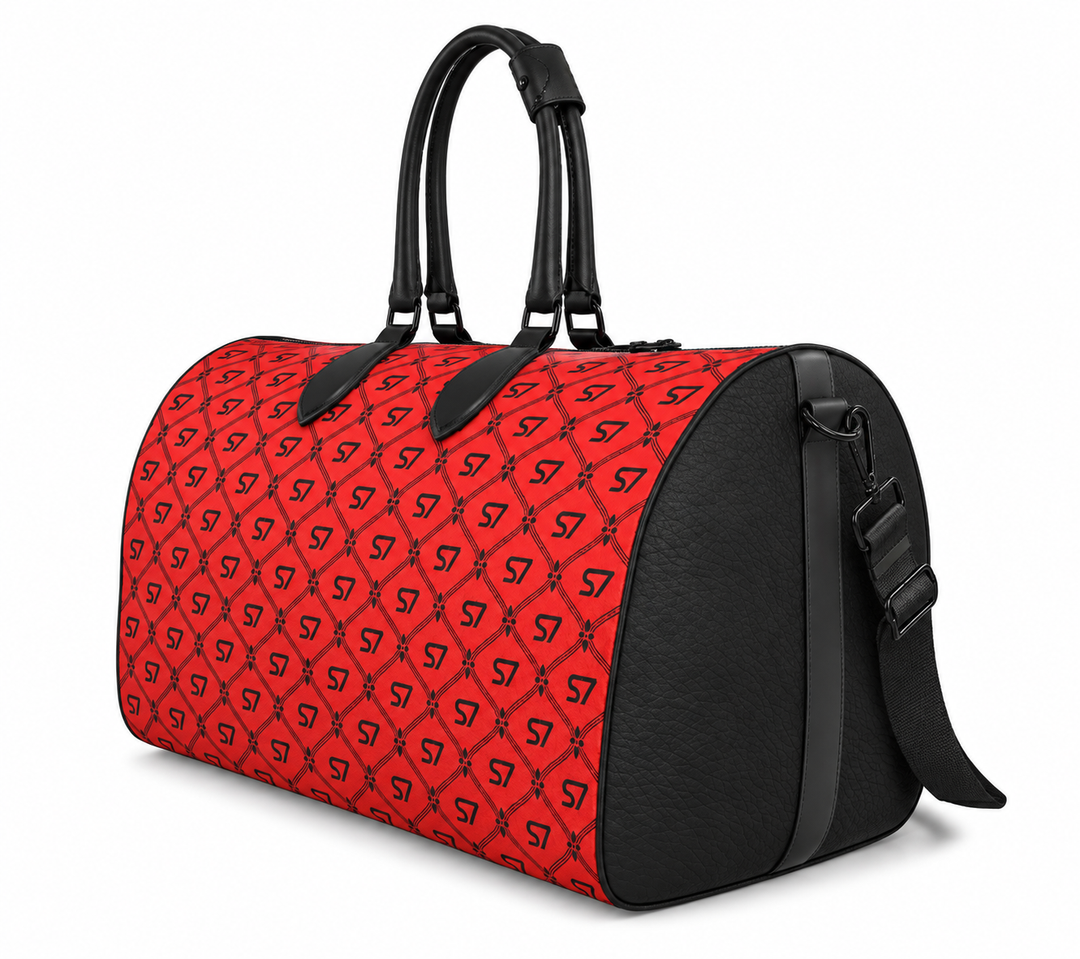 S7 Rosso Noir leather duffle bag featuring jet-black S7 monograms and a tight ornate diamond lattice on bright scarlet red with black handles.