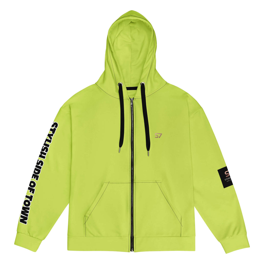 Bright green hoodie with black zipper and text on sleeves against a white background