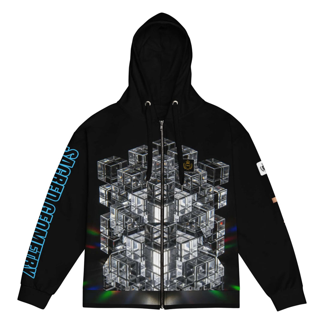 A black zip-up hoodie featuring a large central graphic of a 3D isometric cube structure made of transparent-looking blocks with rainbow light effects. The left sleeve has vertical blue text reading &