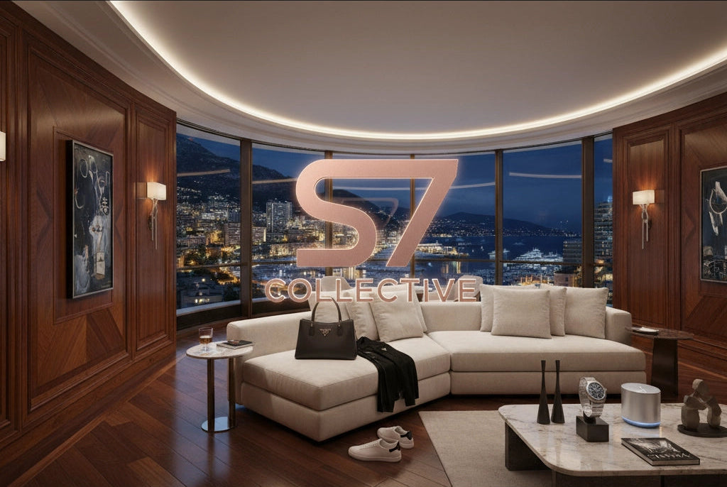 Modern living room with a large 'S7 Collective' logo in the center.