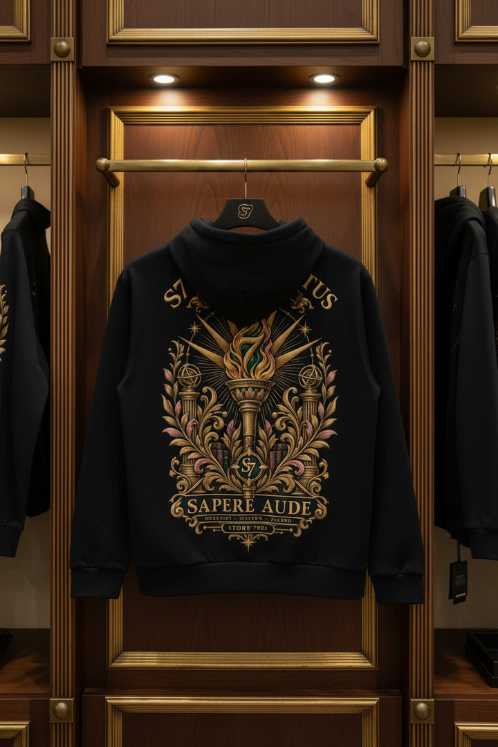 Back view of the black S7 Illuminatus limited-edition collector’s hoodie with S7 crest