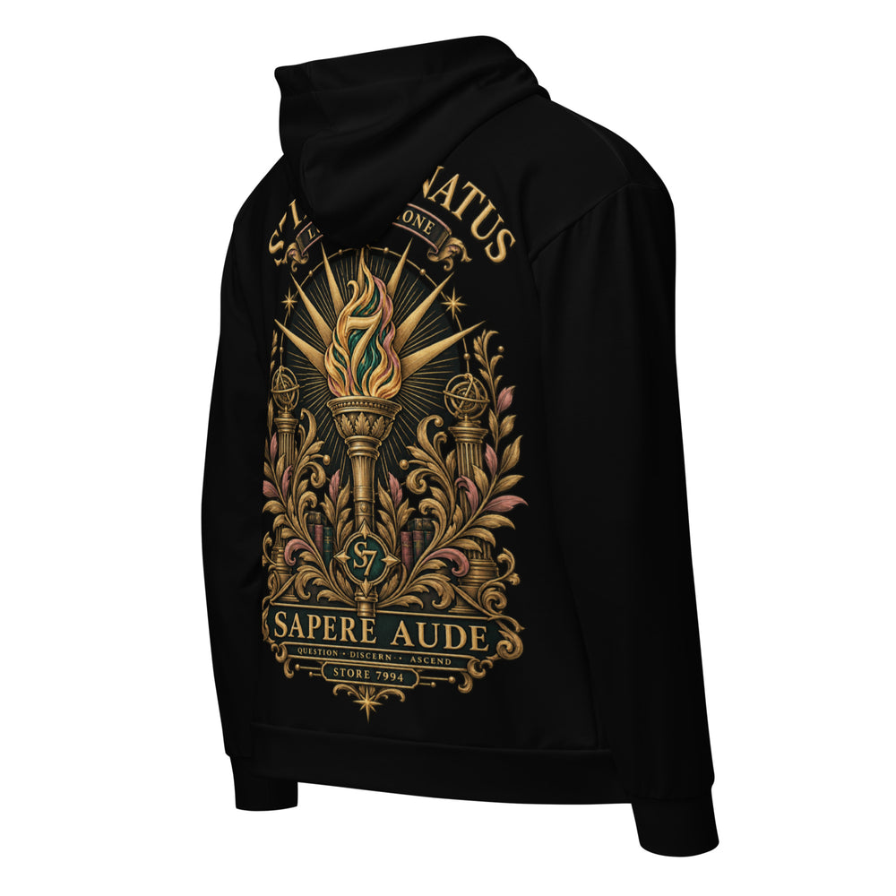 Rear view of the black S7 Illuminatus limited-edition collector’s hoodie featuring symbolic antique-gold back artwork