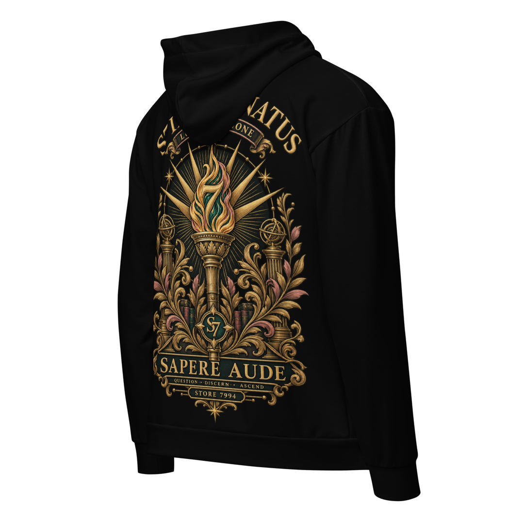 Rear view of the black S7 Illuminatus limited-edition collector’s hoodie featuring symbolic antique-gold back artwork
