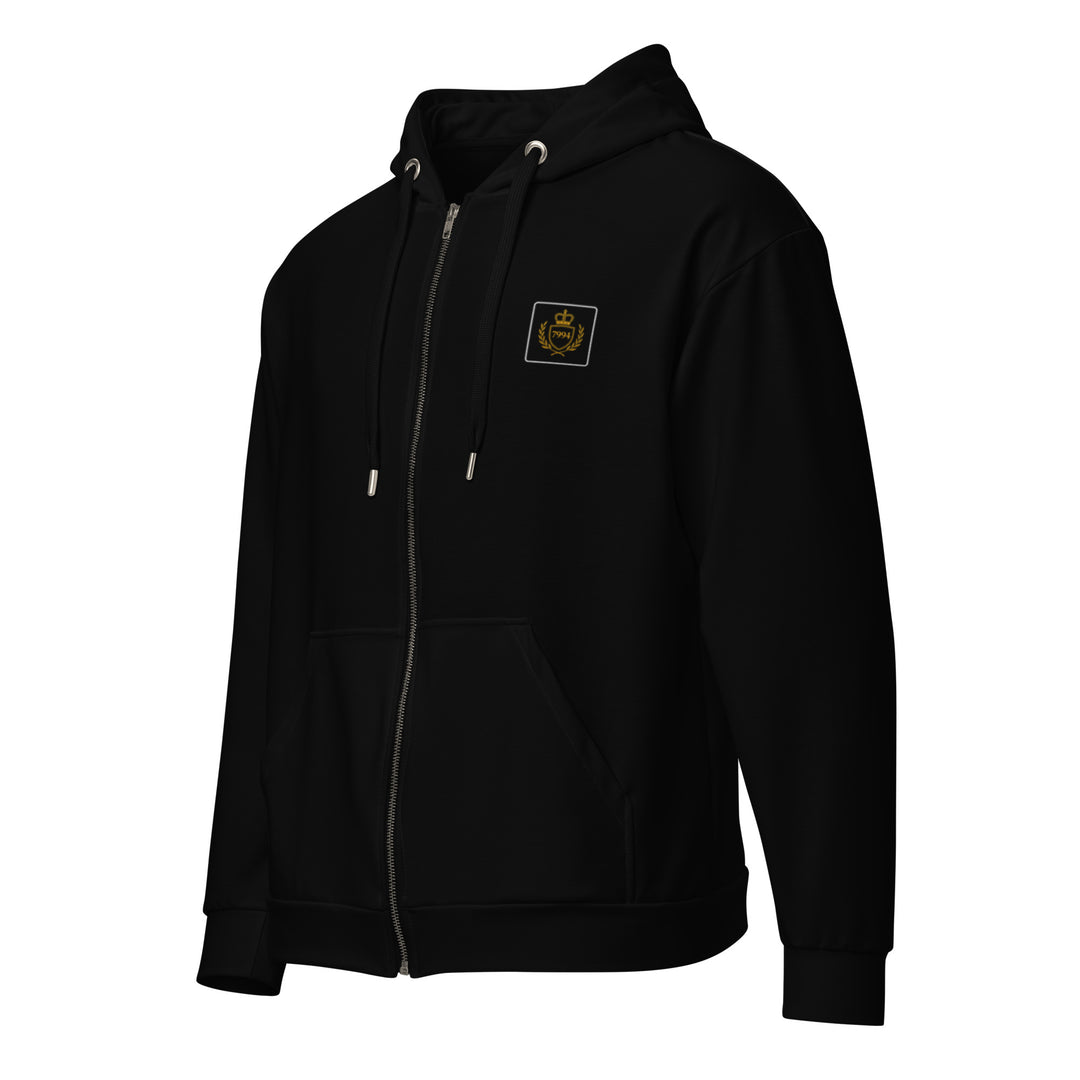 Angled front view of the black S7 Illuminatus limited-edition collector’s hoodie with S7 crest on the left chest