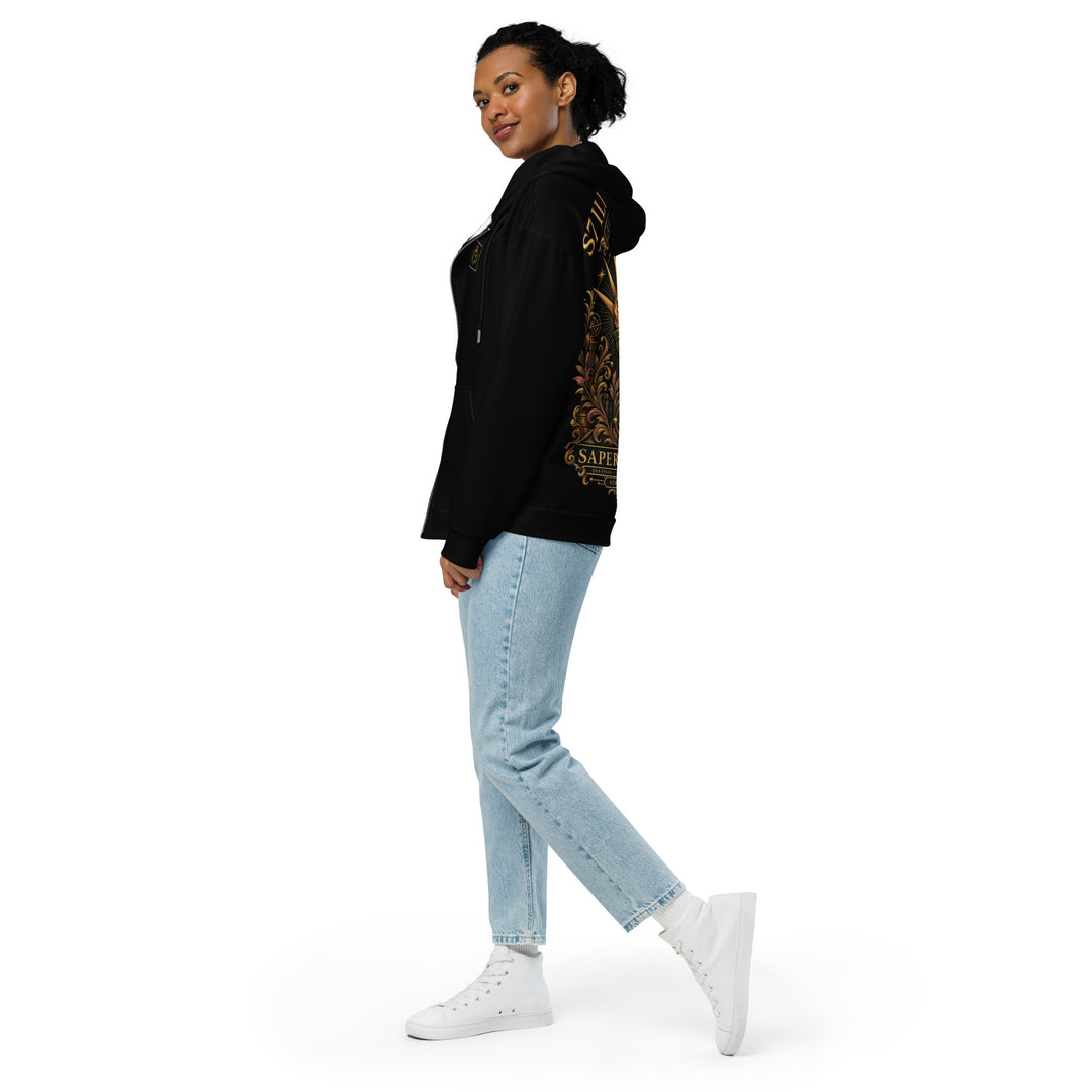 Expanded side view of a woman modeling the black S7 Illuminatus limited-edition collector’s hoodie