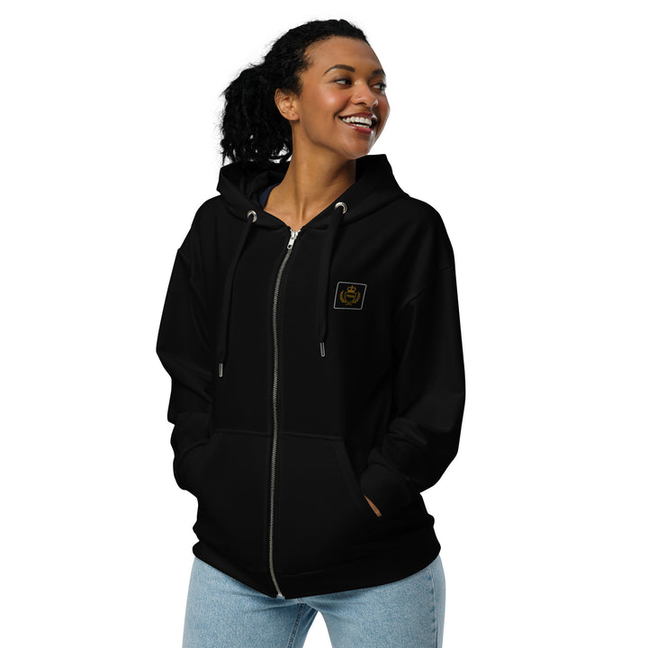 Expanded front view of a woman modeling the black S7 Illuminatus limited-edition collector’s hoodie