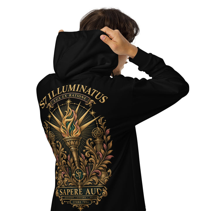 Young man back view of the black S7 Illuminatus limited-edition collector’s hoodie with S7 crest
