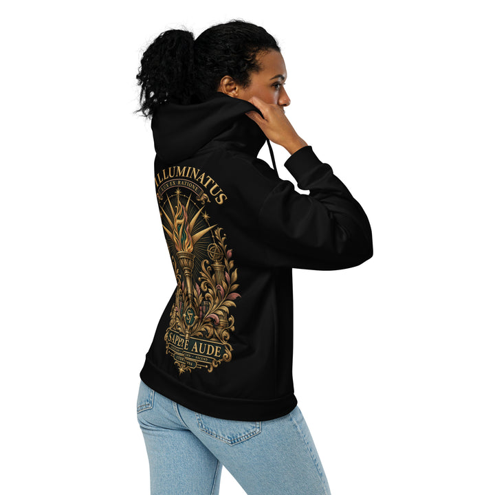 Young woman back view of the black S7 Illuminatus limited-edition collector’s hoodie with S7 crest