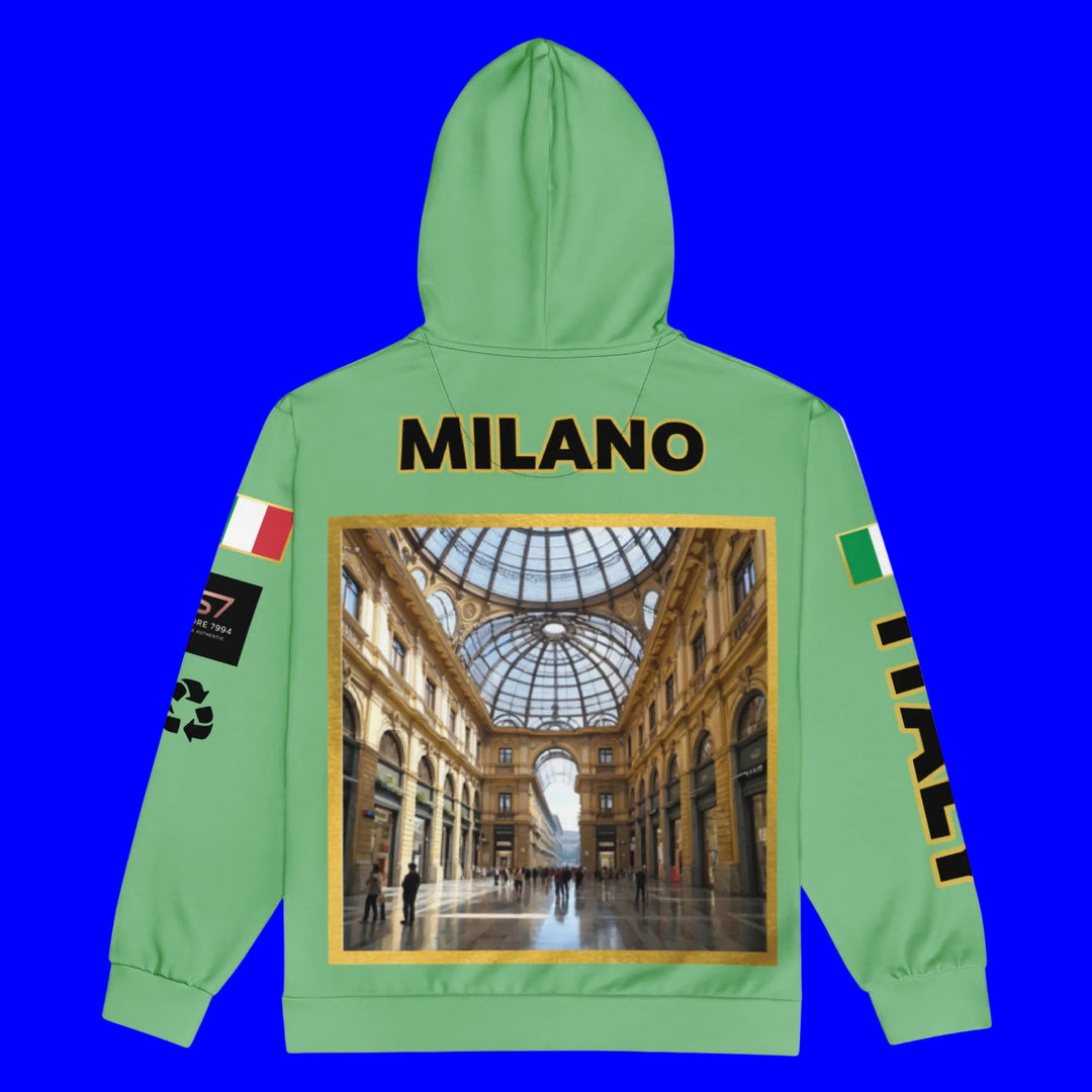 A mint green hoodie shown from the back, featuring a large graphic print of a grand indoor Galleria Vittorio Emanuele style hall with a glass dome. The word 'MILANO' is printed in bold black letters above the image.