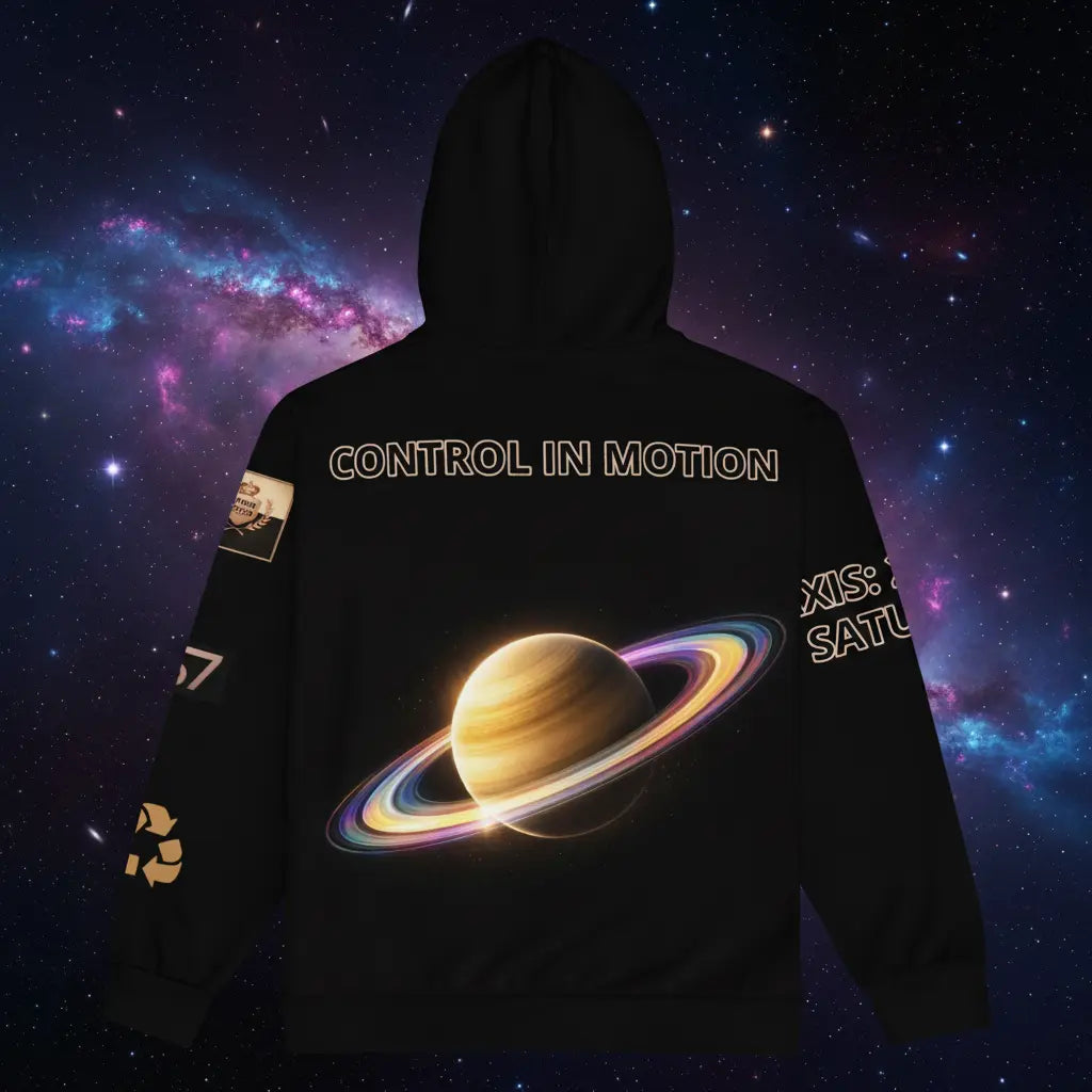 Black hoodie with Saturn design and text against a starry space background