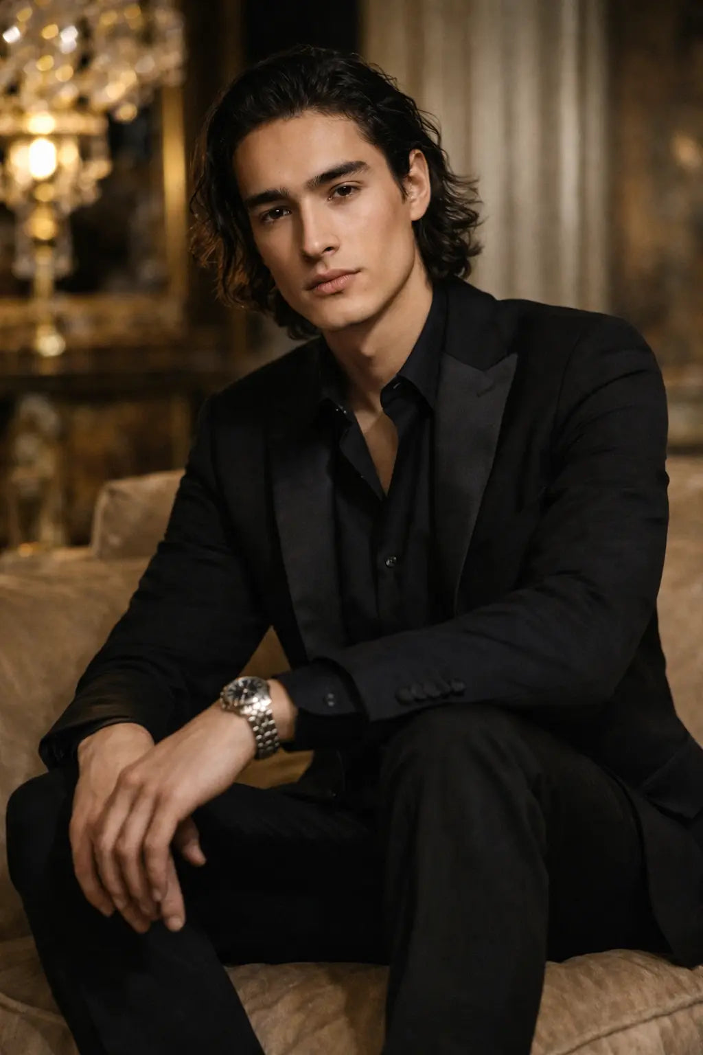 Man in a black suit sitting on a couch in an elegant room.