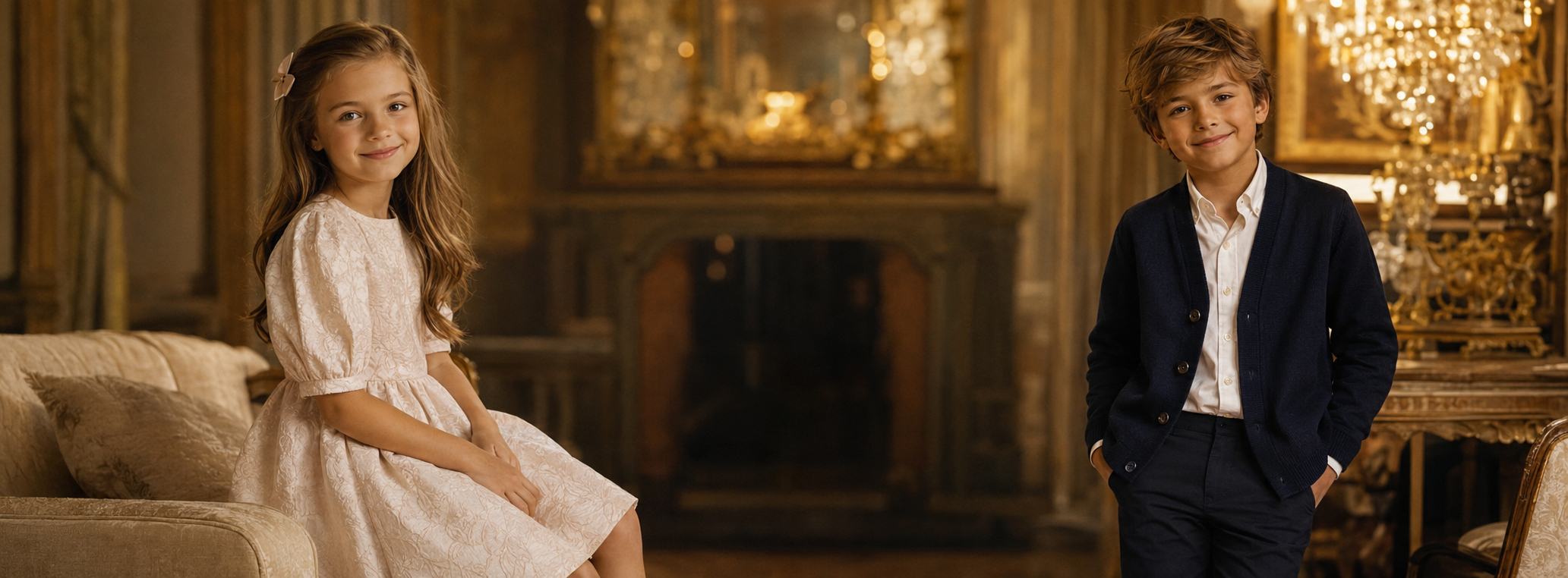 A young girl in a white dress sits on a sofa on the left, while a young boy in a navy blazer and white shirt stands on the right, set against an elegant, warmly lit interior with a fireplace and chandelier.