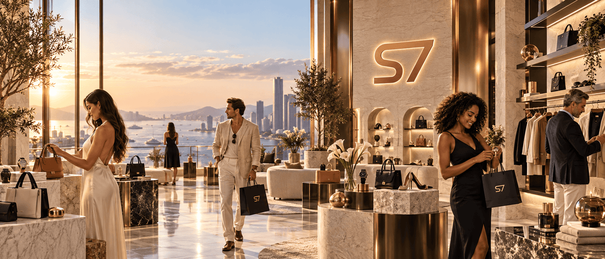 A luxury retail interior with multiple shoppers browsing handbags, clothing, and accessories in a high-end boutique. Large illuminated 'S7' signage is visible on the wall, and the space features warm golden lighting, marble display tables, and a panoramic city skyline at sunset through the windows.