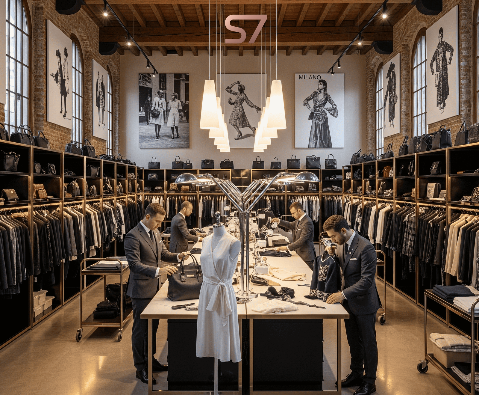Men's clothing store with mannequins and customers in a stylish interior.