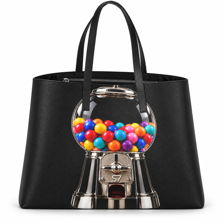 S7 Sweet Release black leather tote with colorful gumball machine artwork, printed chrome details and black handles.
