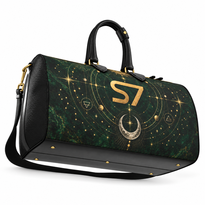 S7 Emerald Tablet bag featuring a gold S7 monogram, celestial sun and crescent moon artwork, and a deep emerald stone-effect background.