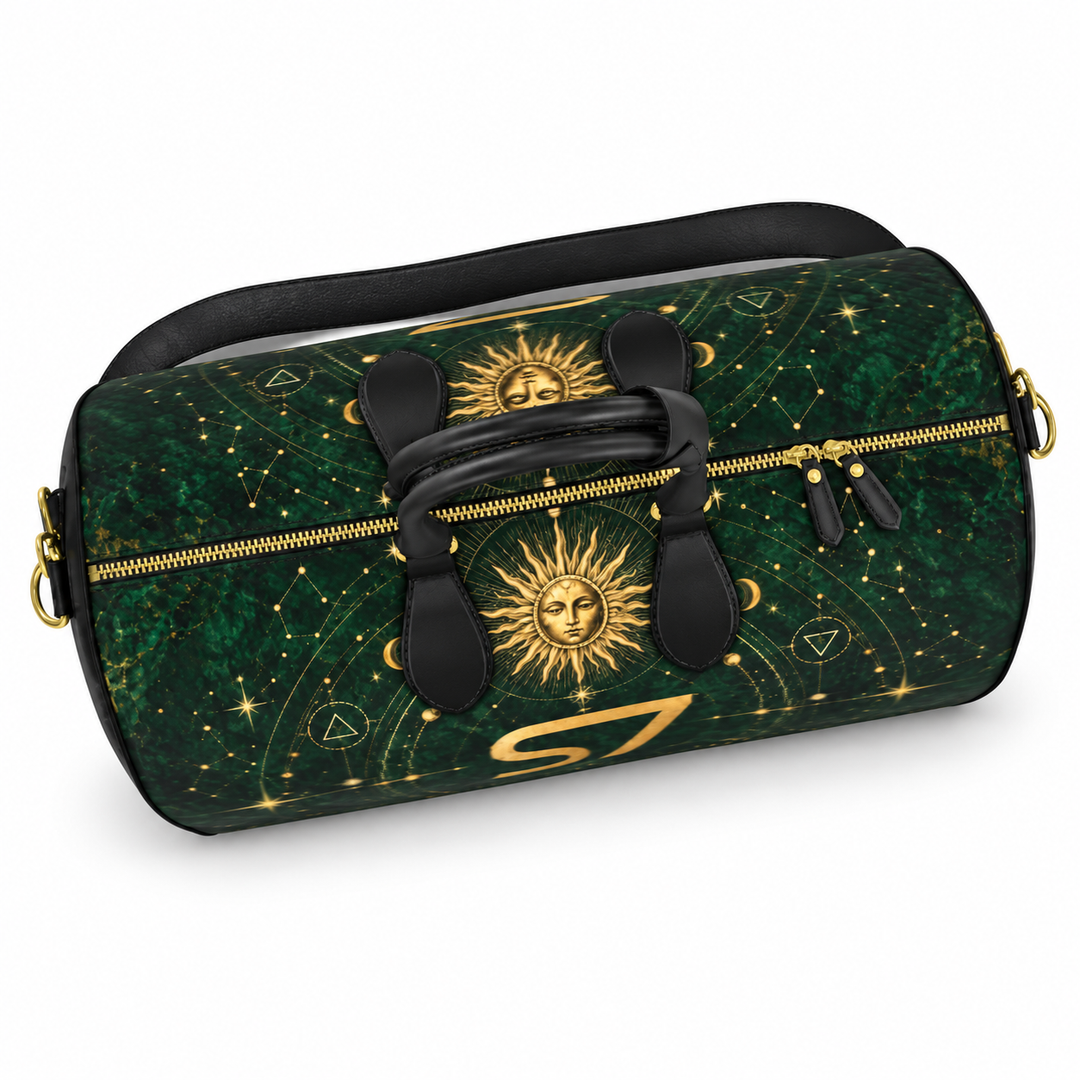 S7 Emerald Tablet bag featuring a gold S7 monogram, celestial sun and crescent moon artwork, and a deep emerald stone-effect background.