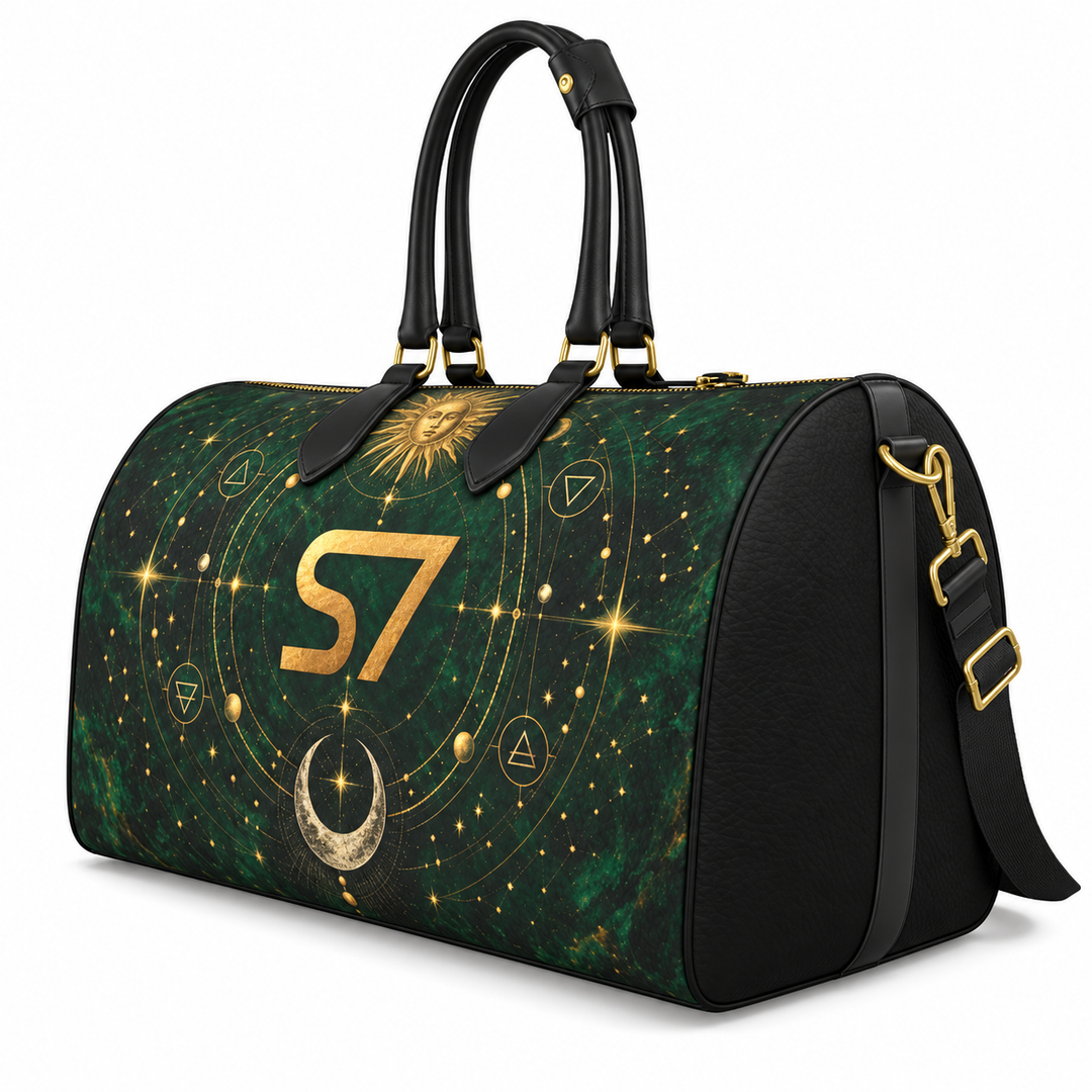 S7 Emerald Tablet bag featuring a gold S7 monogram, celestial sun and crescent moon artwork, and a deep emerald stone-effect background.