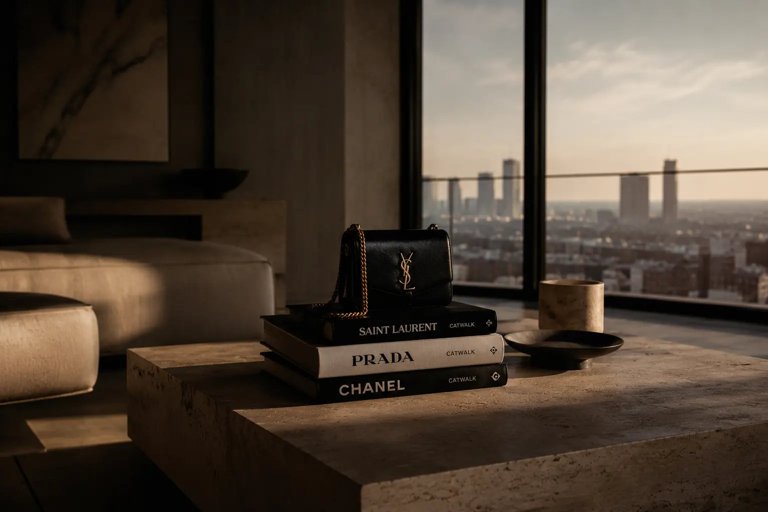 Fashion books on table with a city view from Penthouse