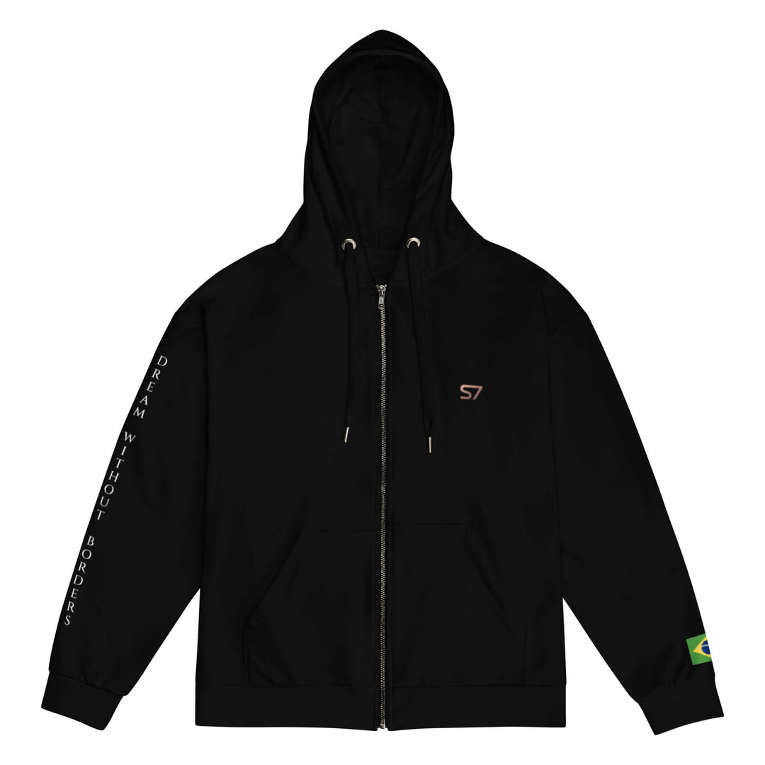 A black zip-up hoodie with a drawstring hood, front pockets, a small embroidered logo on the left chest, vertical white text printed down one sleeve, and a small green patch on the other sleeve, shown against a plain white background.