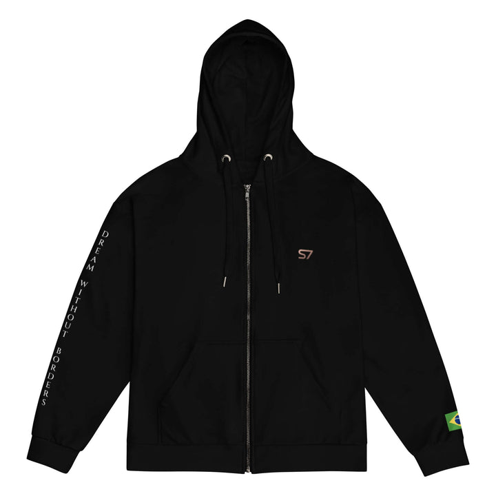 A black zip-up hoodie with a drawstring hood, front pockets, a small embroidered logo on the left chest, vertical white text printed down one sleeve, and a small green patch on the other sleeve, shown against a plain white background.