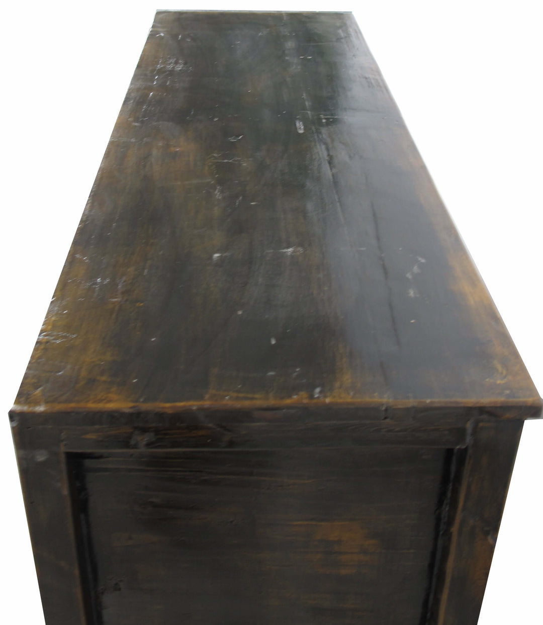 Dark wooden table with a distressed finish on a white background