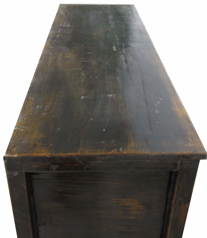 Dark wooden table with a distressed finish on a white background