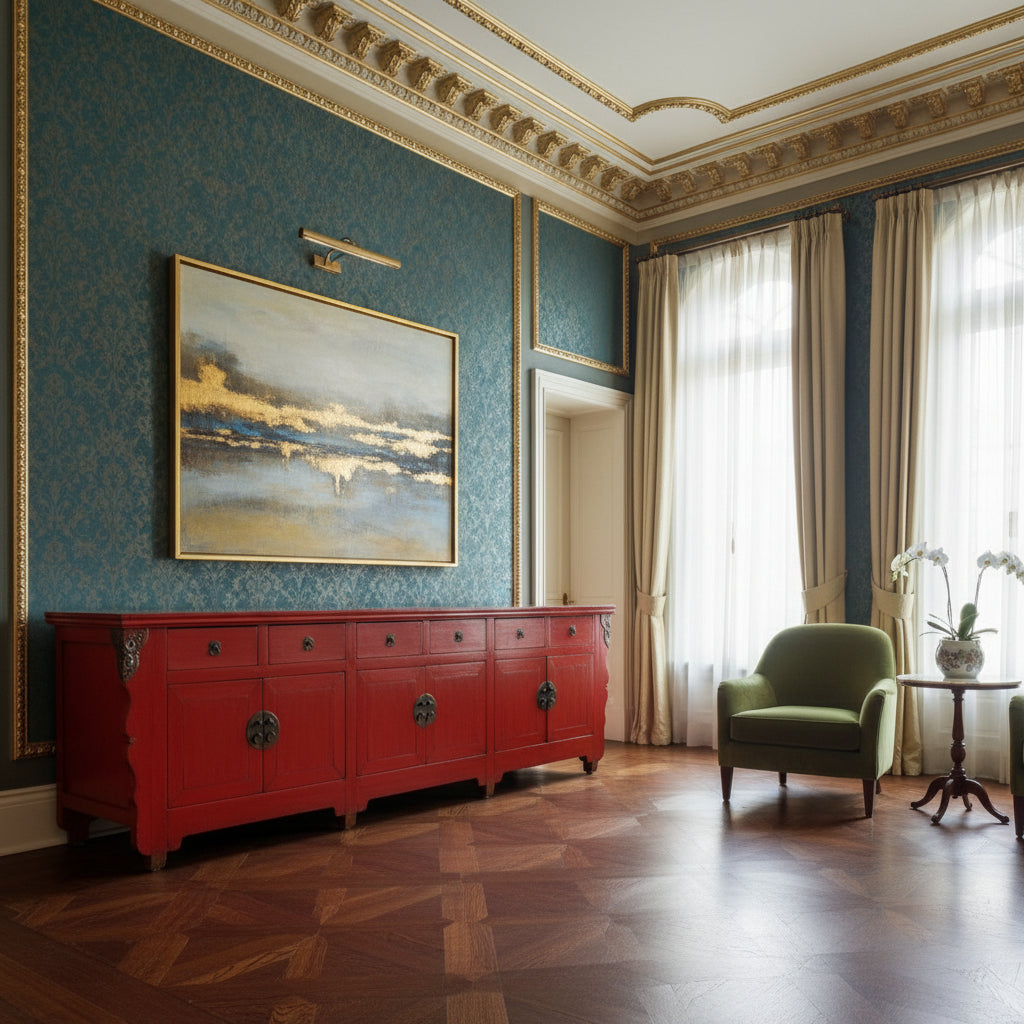 Red wooden sideboard with brass handles on a white background