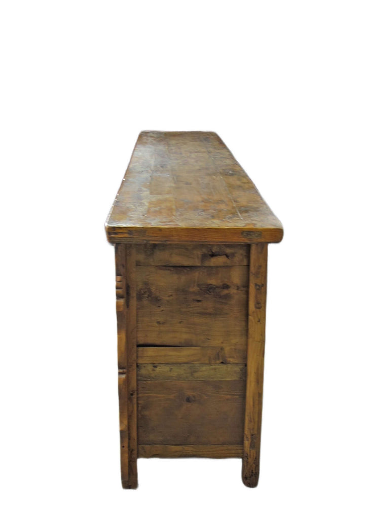 Wooden bench with a worn finish on a white background