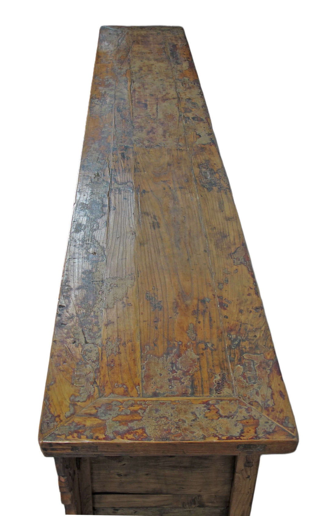 Vintage wooden table with a worn surface on a white background