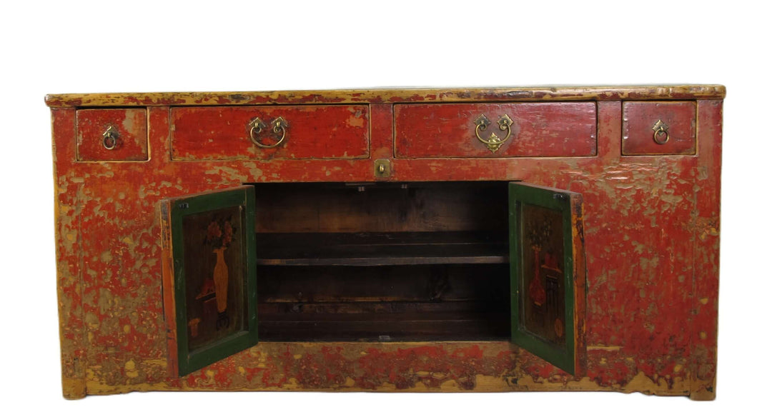 Four Drawer Antique Red Chinese Sideboard Cabinet