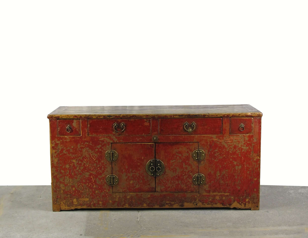 Four Drawer Antique Red Chinese Sideboard Cabinet