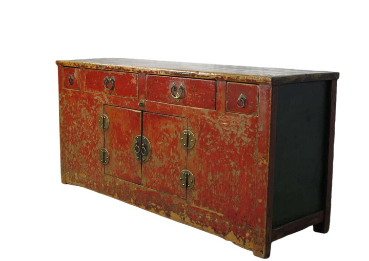 Four Drawer Antique Red Chinese Sideboard Cabinet