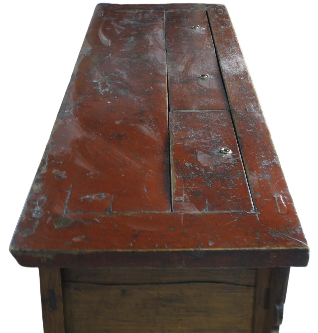 Vintage wooden desk with a worn surface on a white background