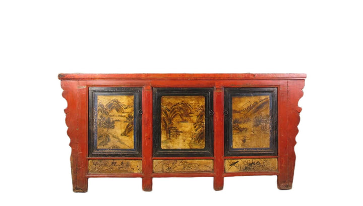 Hand Painted 78" Long Red Gansu Sideboard Cabinet