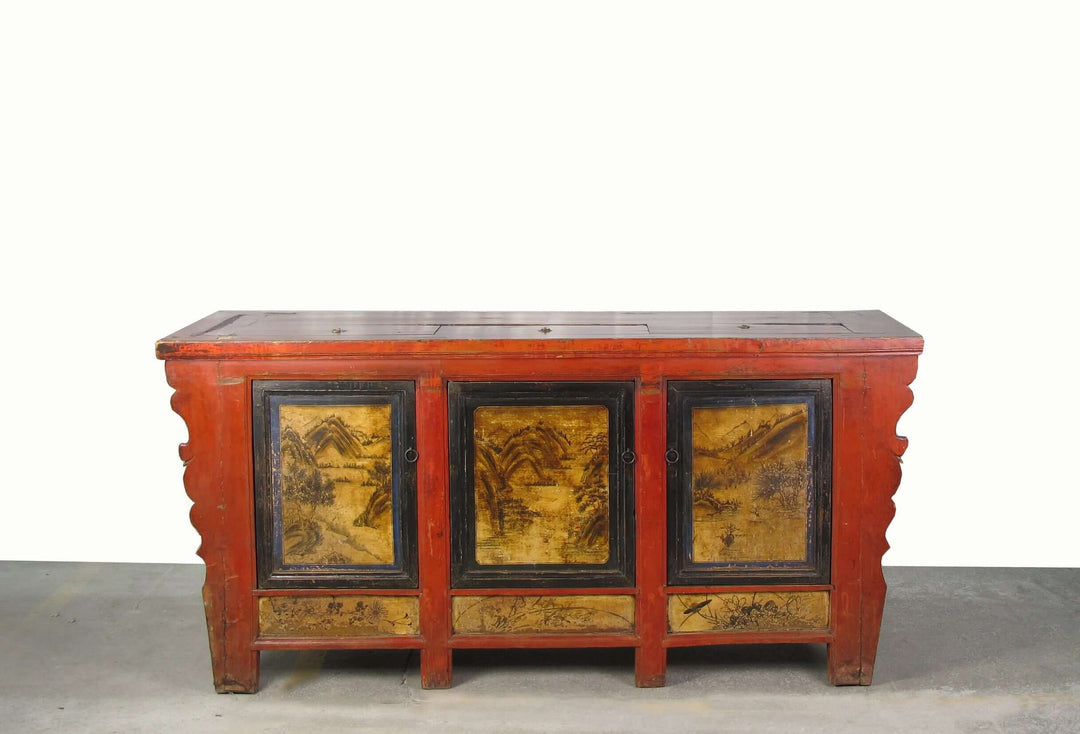 Hand Painted 78" Long Red Gansu Sideboard Cabinet
