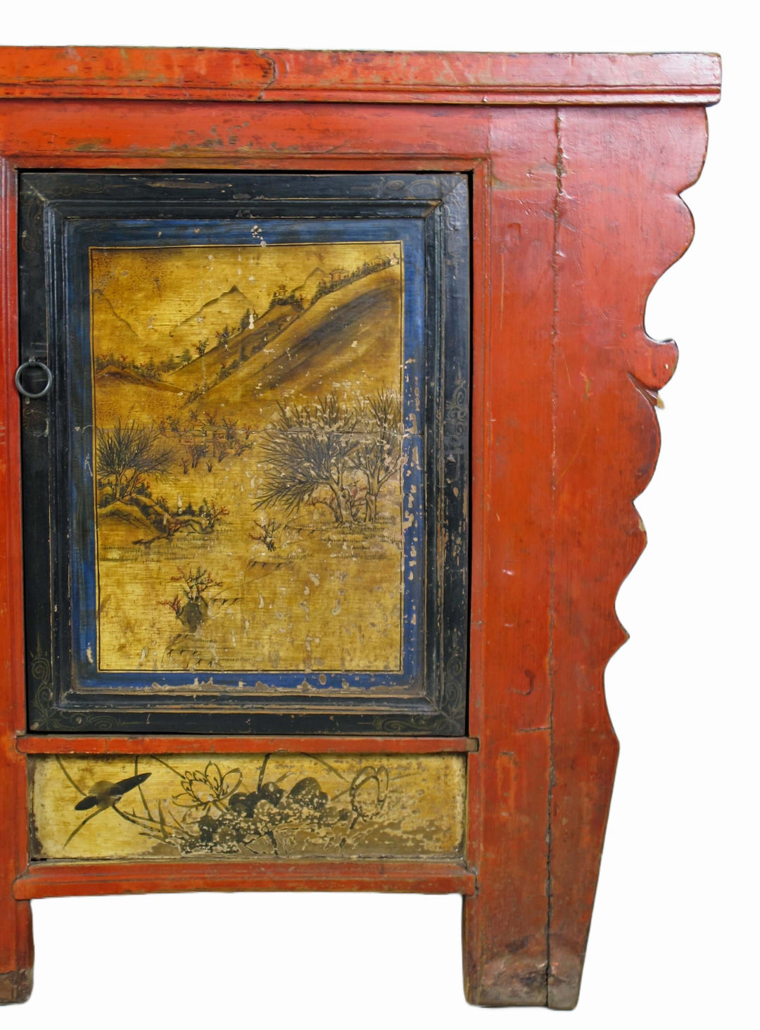 Hand Painted 78" Long Red Gansu Sideboard Cabinet